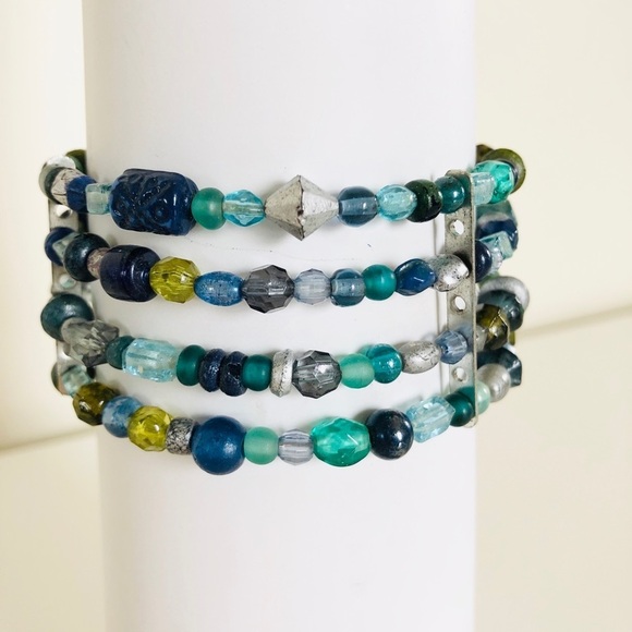 Beaded Flexible Cuff Bracelet with Blue & Green Multicolored Beads - Picture 6 of 8
